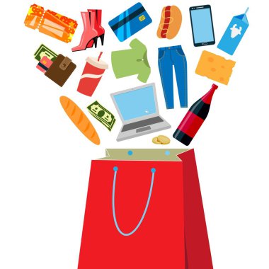 Satın alma afiş vektör illüstrasyon ile Alışveriş online çanta. Giysi, ayakkabı, yiyecek ve içecek, aletler ve cihazlar gibi tüketim malları. Para ve kart lı çanta. Sinema bileti.