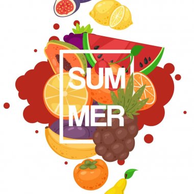 Çiftlik pazarı için taze ürün ile Yaz meyve afiş. Organik ve doğal gıda vektör illüstrasyon. Muz, karpuz, erik, ananas, üzüm, limon, mango, portakal, kiraz. Sağlıklı beslenme.