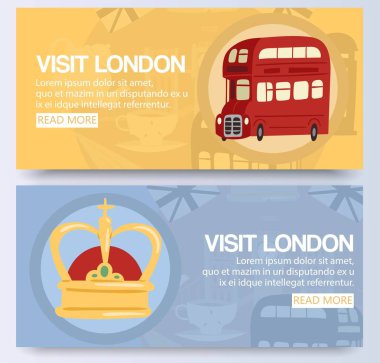 Ziyaret edin ve çift katlı kırmızı otobüs afiş vektör illüstrasyon Londra keşfedin. Şehir toplu taşıma servis aracı retro otobüs. Turistik yerler ve Büyük Britanya sembolleri.