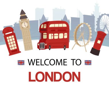 Hoşgeldiniz İngiltere afiş vektör illüstrasyon. Londra turistik yerler ve Büyük Britanya sembolleri, İngiltere keşfedin. Big Ben veya Westminster Sarayı Büyük Çan.