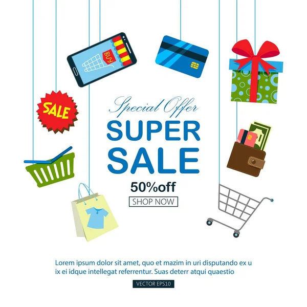 Online shopping super sale banner vector illustration. Mobile page design template for making purchases, online ordering, e-commerce. Wallet with cash, credit card. Cart and basket. — Stock Vector