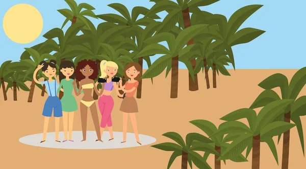 Chicas hablando selfie bandera plana vector ilustración. Concepto de vacaciones de verano en la playa, vacaciones tropicales. Mujer bronceada usando el teléfono para la foto. De pie cerca de palmeras . — Archivo Imágenes Vectoriales