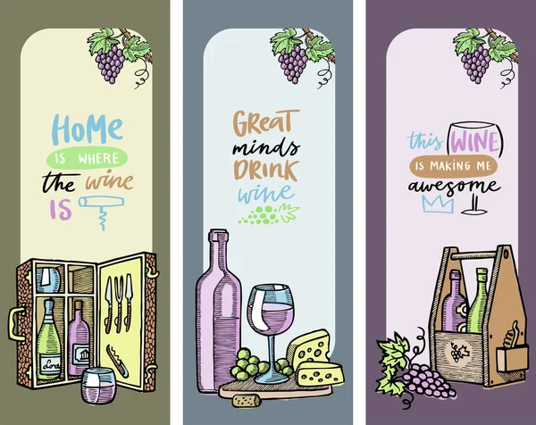 Winery set of cards, banners vector illustration. Bottles with alcohol, glass, grapes and cheese. Home is where winw is. Great minds drink wine. This wine is making me awesome.