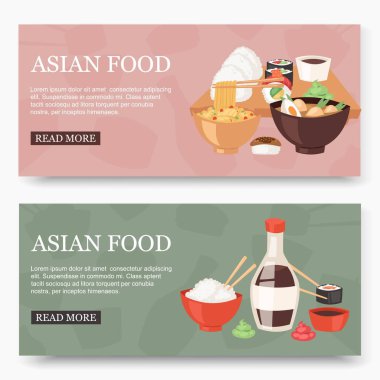Afiş vektör illüstrasyon Asya gıda seti. Menü, reklam için geleneksel ulusal yemekler. Erişte, çorba, sos ve pirinç web tasarımı ile suşi ile Asya mutfağı.