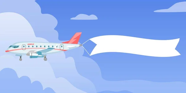 Avion ou avion avec publicité de message vierge et illustration vectorielle de bannière de modèle de texte. Publicité aérienne dans le ciel parmi les nuages. Ruban volant tiré par avion léger . — Image vectorielle