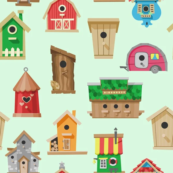 Birdhouses sem costura padrão vetor ilustração. Caixas de nidificação para pendurar na árvore. Construções coloridas de madeira para alimentar pássaros, pequenos edifícios de tábuas com furo . — Vetor de Stock