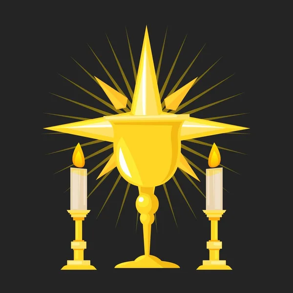 Cosas católicas póster ilustración vectorial. Cáliz santa religión cristiana. Olla en forma de copa que el sacerdote católico usa para consagrar el vino en la misa. Velas ardientes con estrella brillante . — Archivo Imágenes Vectoriales