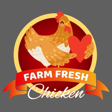 Çiftlik taze tavuk afiş vektör illüstrasyon. Mutlu bir hen, kalbi tutan. Organik ve doğal gıda satışı. Mağaza veya mağaza reklamı. Sağlıklı yumurta ve et. Neşeli civciv.