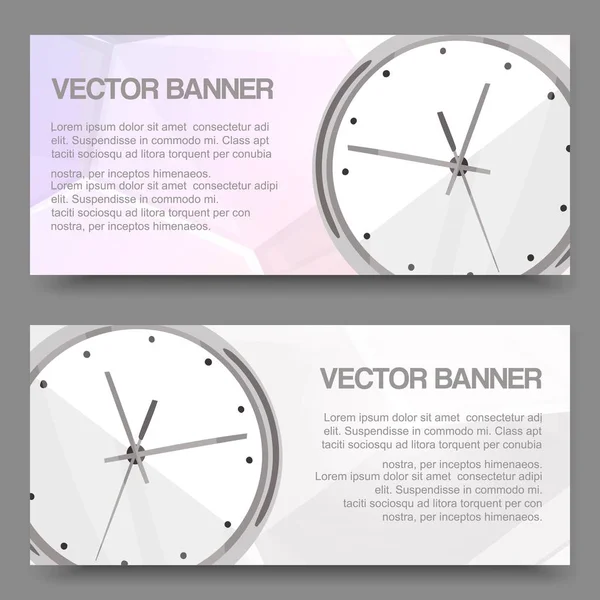 Klok realistische gedetailleerde set van banners, horizontale kaarten met plaats voor tekst voor Business presentatie vector illustratie. Time management. Moderne sjabloon horloge design. — Stockvector