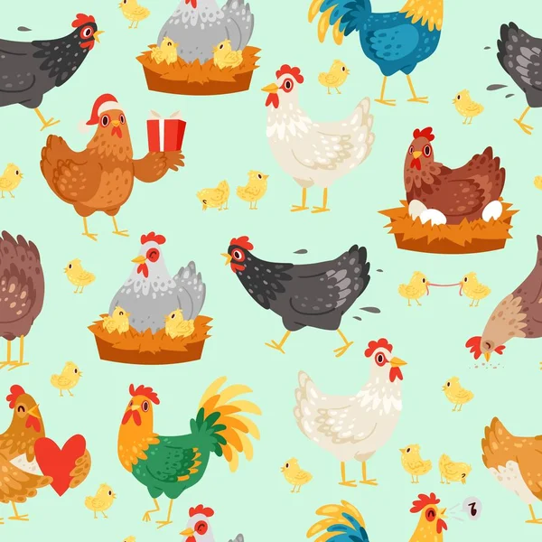 Personaggi di pollo in pose diverse. Gallina e gallo modello senza soluzione di continuità vettore illustrazione piatta. Galline ovaiole carine e divertenti. Madre cura dei bambini pulcini mangiare . — Vettoriale Stock