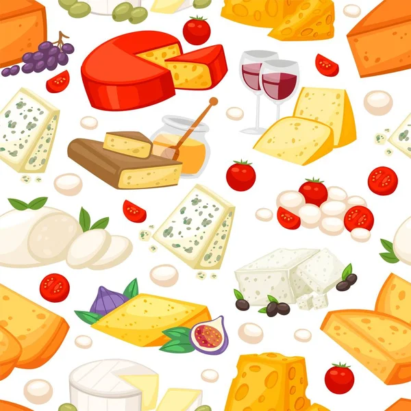 Fromages composition réaliste avec edam maasdam parmesan et dorblue, gouda, brie, fromage mozzarella. Bannière de produit naturel. Illustration vectorielle du marché biologique. Vin, raisins, tomates . — Image vectorielle