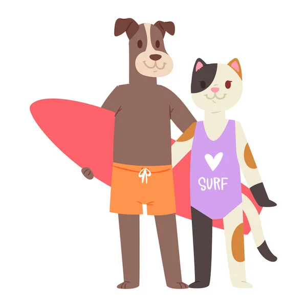 Surf vecteur chat chien surfeur animal personnage surfer sur planche de surf illustration ensemble animaliste de dessin animé jeune sportif minou fille et chien garçon sur wakeboard isolé sur fond blanc — Image vectorielle