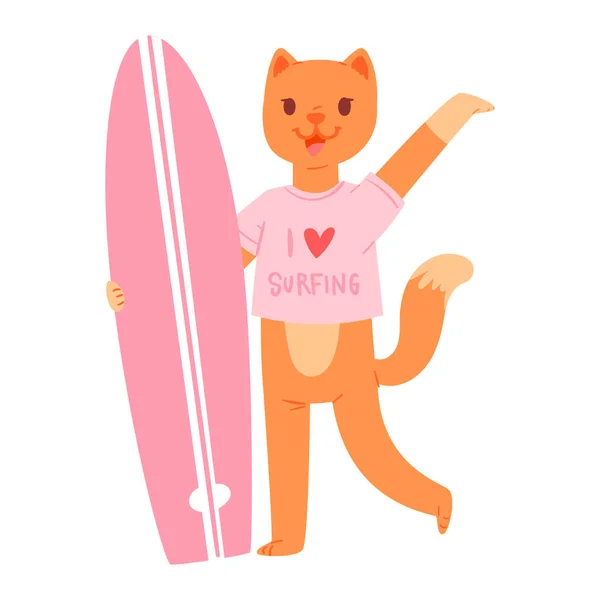 Surf vector cat animal surfer character surfing on surfboard illustration animalistic cartoon young sportsman kitty girl and on wakeboard isolated on white background — Stock Vector