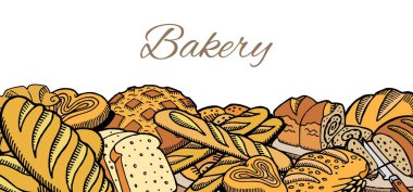 Vektör el çizilmiş kroki poster, afiş veya menü için pişmiş ekmek arka plan. Pişirme goodies yığılmış. Eko gıdalar. Fırın ve fırın evleri için Sketch vintage illüstrasyon.