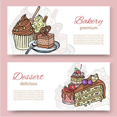 Kahve dükkanı veya fırın ev ziyaret kartları pişmiş kek, cupcake, topper ve yazı metni ile ayarlayın. Vektör el çizilmiş pişmiş tatlılar ve poundcakes illüstrasyon.