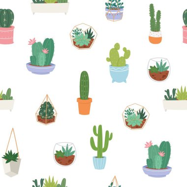 Farklı kaktüs, çanak çömlek ve sulu yeşil bitkiler ile Vektör dikişsiz desen. Yeşil kaktüsler ile parlak tekrarlanan doku. Çöl bitkileri ile doğal çizim arka plan.