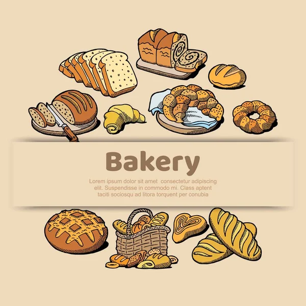 Croquis de boulangerie ou de maison de pain affiche de pain cuit au four. Modèle de conception vectorielle pour boulangerie de pain de blé frais bagel ou pain de seigle et épis de blé gerbe — Image vectorielle