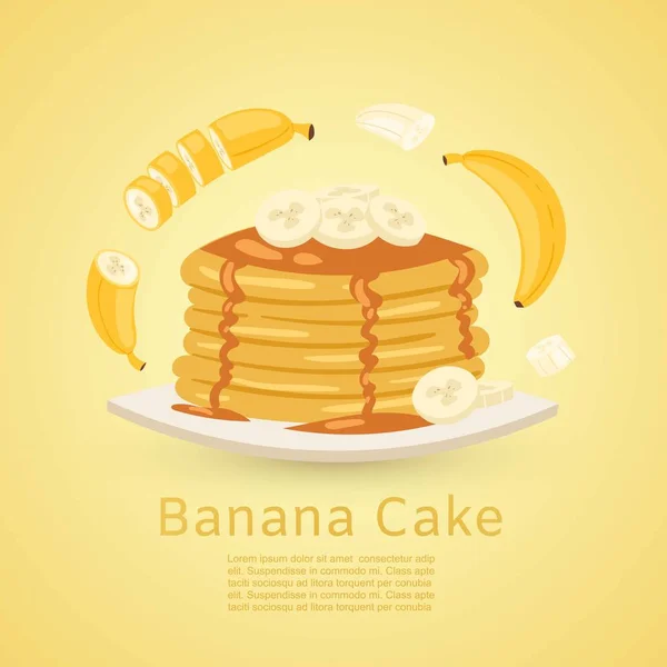 Банан и блины рецепт с фотографиями бананов и кленового сиропа на желтом фоне. Ретро-векторная иллюстрация для пирога или бананового хлеба рецепт . — стоковый вектор
