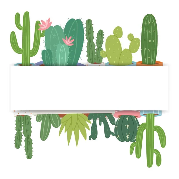 Cactus de marco vectorial con flores y suculentas verdes objeto aislado, marco botánico. Tarjeta de diseño floral verde. Plantas de cactus verde ornamento . — Archivo Imágenes Vectoriales