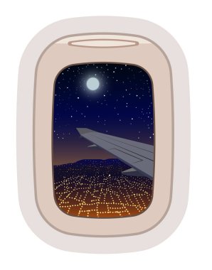 Pencere camı uçak taşıma ve beyaz arka plan üzerinde izole uçak uçuş illüstrasyon turizm kümesindeki uçak ve Lombar görünüm tarafından seyahat Aairplane pencere vektör