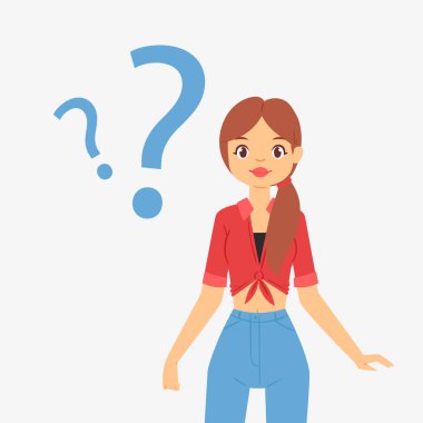 Düşünme soru rüya kadın kız sorunlu panik vektör hayalperest kadın karakter hayalleri hakkında düşünme hayal imla problemi düşünmek, beyaz arka plan üzerinde izole