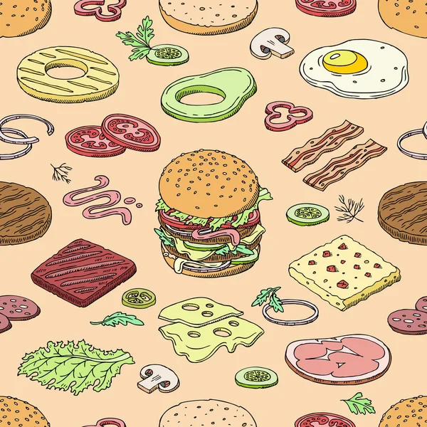Burger vettore fast food hamburger o cheeseburger costruttore con ingredienti carne panino pomodoro e formaggio illustrazione fastdood sandwich o beefburger sfondo — Vettoriale Stock