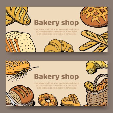 Vektör illüstrasyon kartları el çizilmiş seti- pişirme goodies, ekmek, çörekler ve hamur işleri harfleretrafında toplama. Fırıncılar ve fırıncılar için eskiz tarzında arka plan.