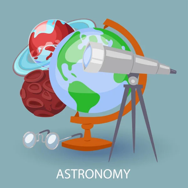 Lehrbanner der Astronomie mit Erdkugel, Teleskop, Google und Planeten. Design für Plakate im Bereich der Bildungsastronomie. Vektorillustration, um Kinder zu astronomischen Themen zu erziehen. — Stockvektor