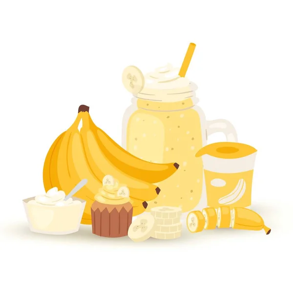 Dolce banana frullato e frullato illustrazione isolata su sfondo bianco. Vasetto con frullato di banana, crema di banane e cupcake. Illustrazione vettoriale stile cartone animato . — Vettoriale Stock