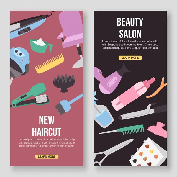 Beauty salon tools vector concept banners. Haircut, beautiful manicure and make up atelier. Women in spa and beauty studio illustration in flat cartoon style.