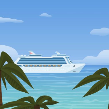 Cruise gemisi tatili, deniz yolculuğu. Tropik ve mavi denizde su taşımacılığı. Gezginler, tur acenteleri ve turizm, gemi yolculuğu ve egzotik geziler hakkında posterler için vektör illüstrasyon.