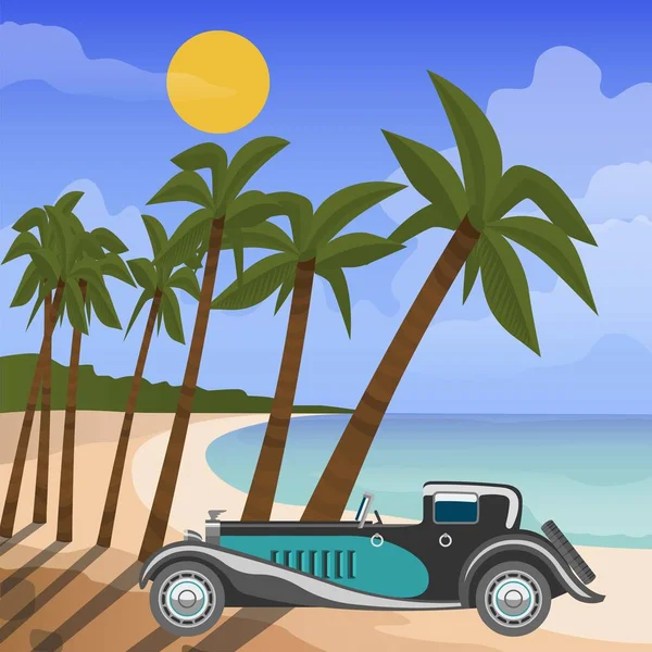复古汽车小屋在热带海滩上与棕榈树和汽车上的太阳和云矢量插图。夏季出租和在热带旅行的出租车。复古老敞篷跑车海报. — 图库矢量图片