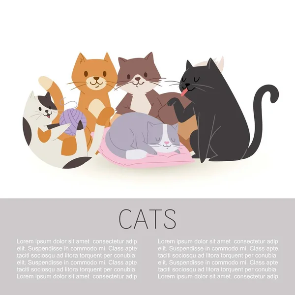 Personnages de bande dessinée mignon chat tabby illustration vectorielle isolé sur un whitei avec espace pour le texte. Animaux domestiques concept. Pussicat, tomcat, chaton et chaton jouant avec la laine, dormant et lavant . — Image vectorielle