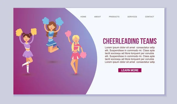 Modelo de vetor de equipes de torcida de profissão de ensino médio para página da web. Em acção. Fãs torcem meninas dançando com pompons. Saltar e dançar cheerleading . — Vetor de Stock