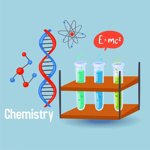 Chemistry science vector illustration. Design elements of chemical flask beakers, DNA molecules, atoms, chemic formula for infographic or poster. — Stock Vector