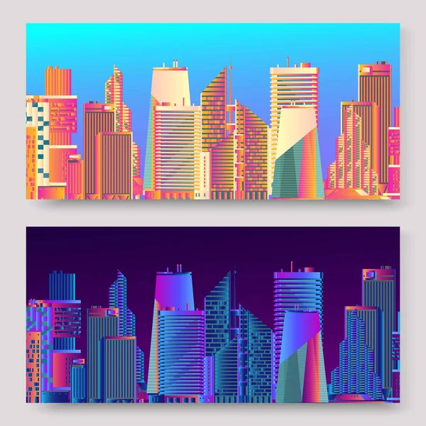 Abstract futuristic city skyscrapers vector, digital cityscapes background banner set. Paisagem neon piscando. Colorido pontos de construção na cidade de dia e noite . — Vetor de Stock