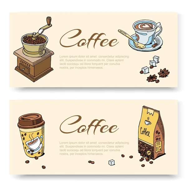 Coffee hand grinder and beans, cup of coffee. Set of banner templates for cafe bar, coffeeshop, restaurant, e-commerce. Vector illustration. — Stock Vector