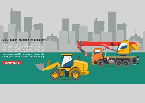 Vector grävmaskin för konstruktion. Grävare eller bulldozer gräva med spade och schaktmaskiner kran maskinindustrin illustration på stadsbilden bakgrund. Traktor och upplykande maskin. — Stock vektor
