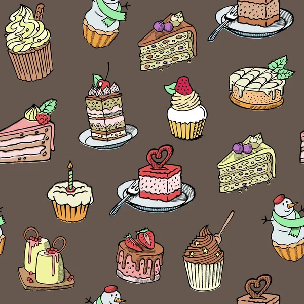 Cupcakes patrón de vectores sin costuras estilo de boceto sobre fondo marrón retro. Dulces tortas de diseño de fondo. Ilustración con pastelería y trozos de magdalenas . — Vector de stock