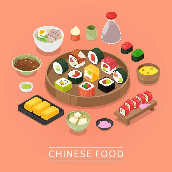 Chinese sushi vector food box, plate, chopsticks, top view, sushi set, tofu and tom dim traditional China soup. Set of flat, vector elements chinese food. asian food sushi poster restaurant menu — Stock Vector