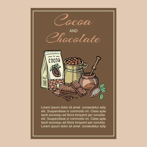 Superfood al cacao vettoriale. Illustrazione organica di alimenti sani. Sfondo in stile retrò con fagioli di cacao, pacchetto di cioccolato in polvere e cacao. Ottimo per banner, poster, etichetta . — Vettoriale Stock