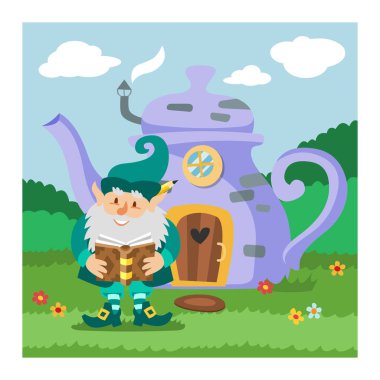 Fantezi gnome ev vektör karikatür peri treehouse ve sihirli konut köy illüstrasyon çocuk gnome masal kabak veya gnome arka plan için taş oyun seti