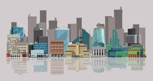 Cityscape ilustração vetorial. Paisagem urbana com grandes edifícios modernos e arranha-céus refletindo na água. Ruas, bancos, museus, escritórios e arranha-céus . —  Vetores de Stock
