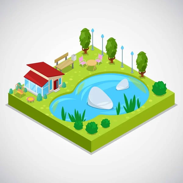 Vector 3d ilustración isométrica de casa de campo con hierba verde, estanque, árboles, banco, mesa y sillas. Vacaciones al aire libre en el campo. Campo en verano . — Vector de stock