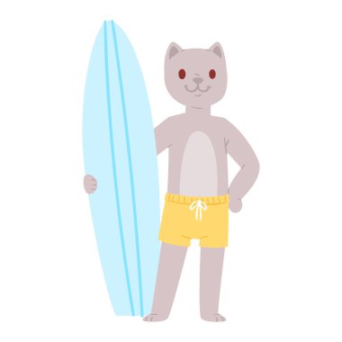 Sörf vektör kedi hayvan sörfçü karakter sörf illüstrasyon hayvani karikatür genç sporcu kitty kız ve wakeboard beyaz arka plan üzerinde izole