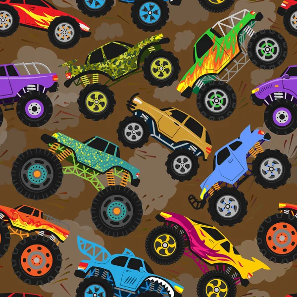 Monster Truck Show wektor Cartoon pojazdu lub samochód i ekstremalne transportu ilustracji zestaw ciężkich potwór samochód z dużymi kółkami tle — Wektor stockowy