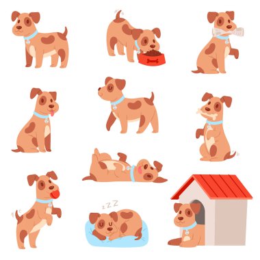 Köpek vektör küçük köpek yavrusu hayvan karakter oynarken veya beyaz arka plan üzerinde izole küçük doggish köpek hayvansal köpek seti çizim veya uyku