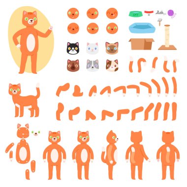 Kedi yapıcı vektör hayvan karakter oluşturma kedi kedi kafa pençe pussycat kuyruk ve hayvansal namlu yüz duygular illüstrasyon arka ön inşaat beyaz arka plan izole set