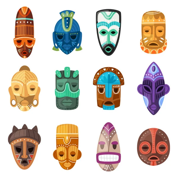 Máscara tribal vector caricatura africana mascarilla y enmascarar la cultura étnica en África ilustración conjunto de símbolo enmascarado tradicional aislado sobre fondo blanco — Archivo Imágenes Vectoriales