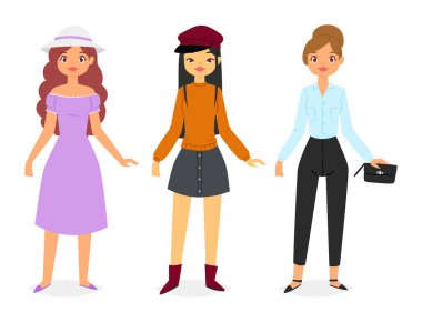 Kadın moda görünüyor Giysi vektör güzel kız ve giyinmek ya da moda pantolon elbise veya ayakkabı illüstrasyon girlie kadın bez şapka veya ceket beyaz arka plan üzerinde izole seti ile giyim
